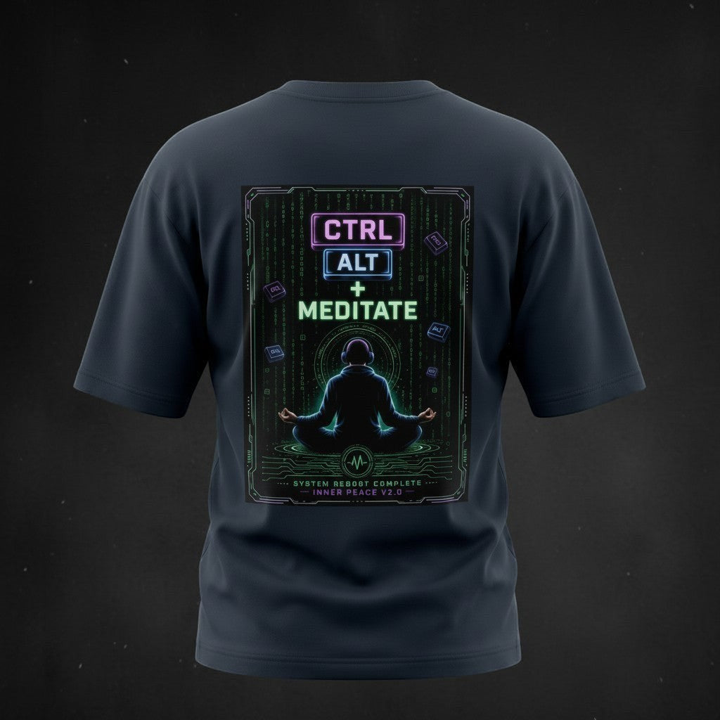 vcreate4uhub.co.in navy oversized cotton t-shirt with 'CTRL ALT + MEDITATE' graphic print on back.