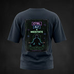 vcreate4uhub.co.in navy oversized cotton t-shirt with 'CTRL ALT + MEDITATE' graphic print on back.