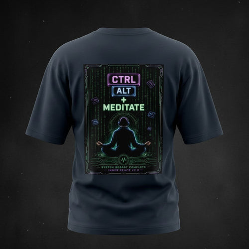 vcreate4uhub.co.in navy oversized cotton t-shirt with 'CTRL ALT + MEDITATE' graphic print on back.