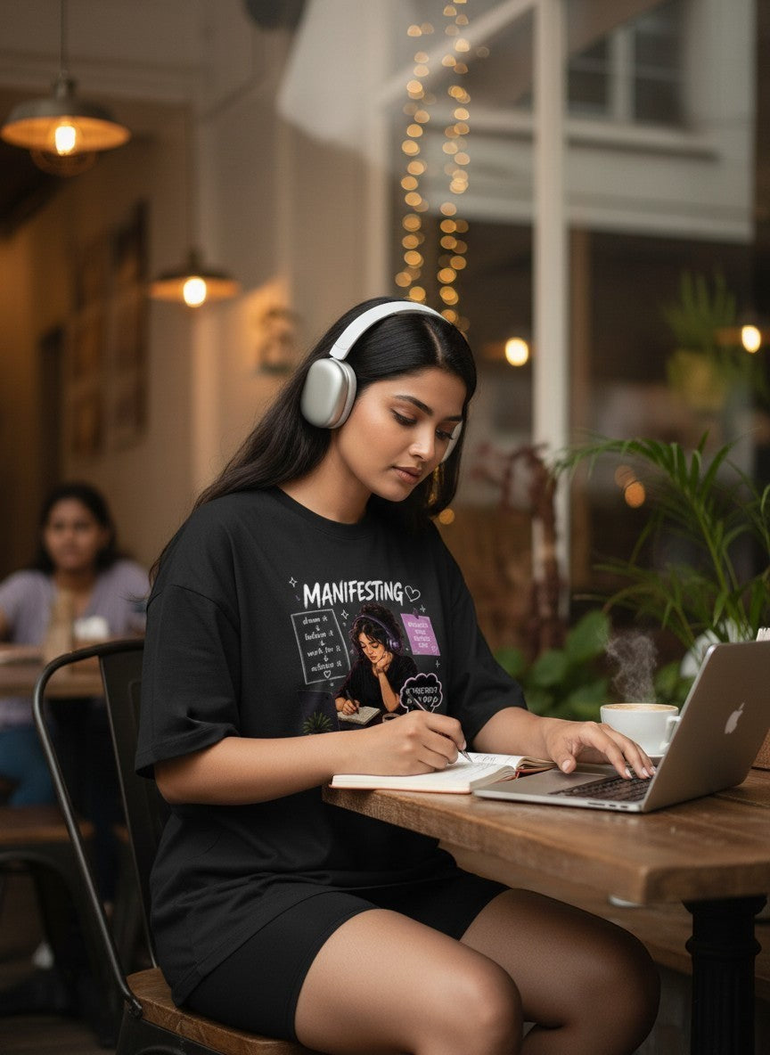Black t-shirt with "Manifesting Dream Believe Work Achieve" graphic. Woman with headphones working on laptop.