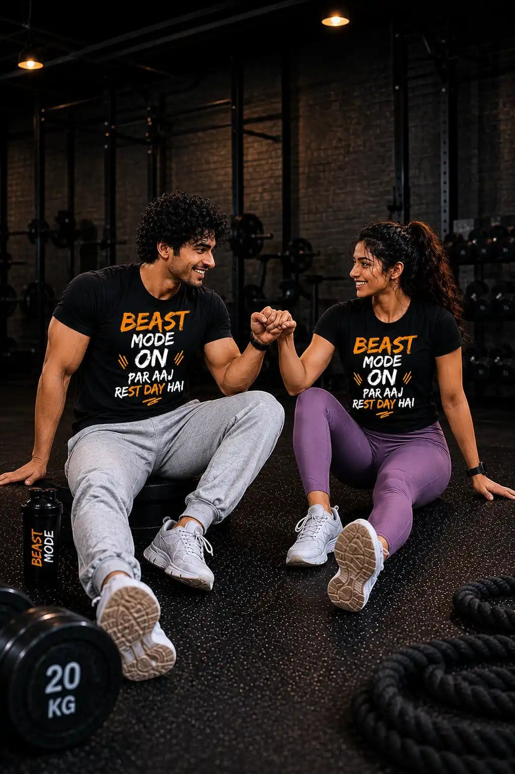 vcreate4uhub.co.in unisex black cotton elastane t-shirt with "BEAST MODE ON PAR AAJ REST DAY HAI" graphic
