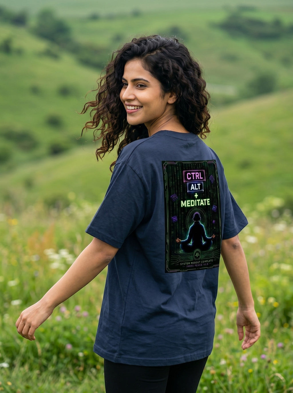 vcreate4uhub.co.in navy blue oversized cotton t-shirt with "CTRL ALT + MEDITATE" graphic print on back.