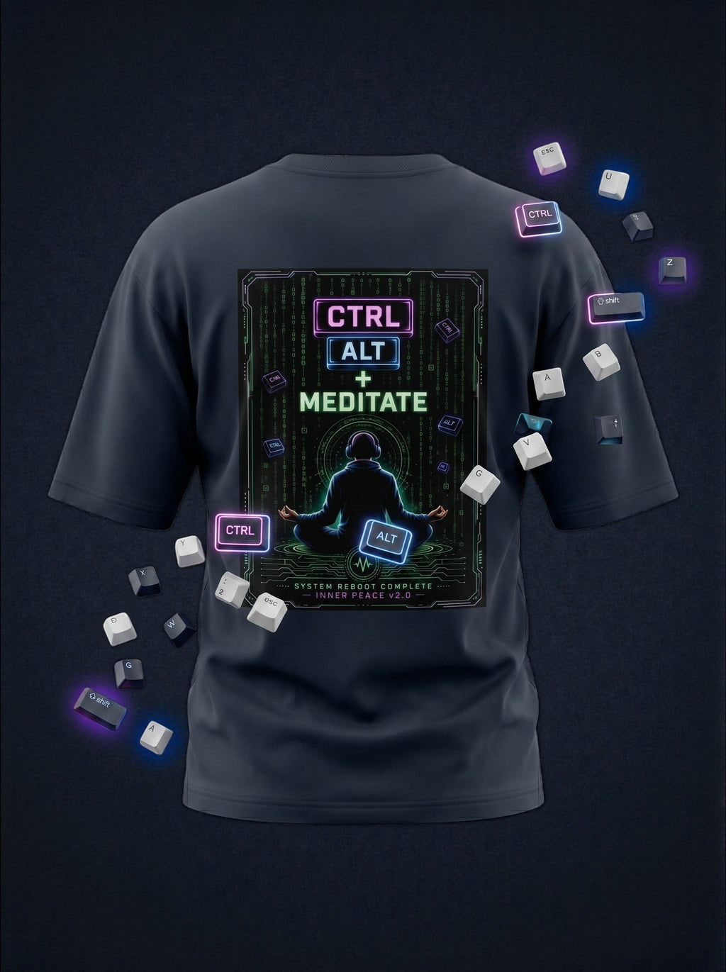 vcreate4uhub.co.in navy oversized cotton t-shirt with 'CTRL ALT + MEDITATE' graphic print on back.