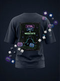 vcreate4uhub.co.in navy oversized cotton t-shirt with 'CTRL ALT + MEDITATE' graphic print on back.