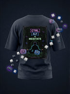 vcreate4uhub.co.in navy oversized cotton t-shirt with 'CTRL ALT + MEDITATE' graphic print on back.