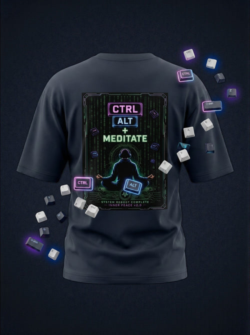 vcreate4uhub.co.in navy oversized cotton t-shirt with 'CTRL ALT + MEDITATE' graphic print on back.