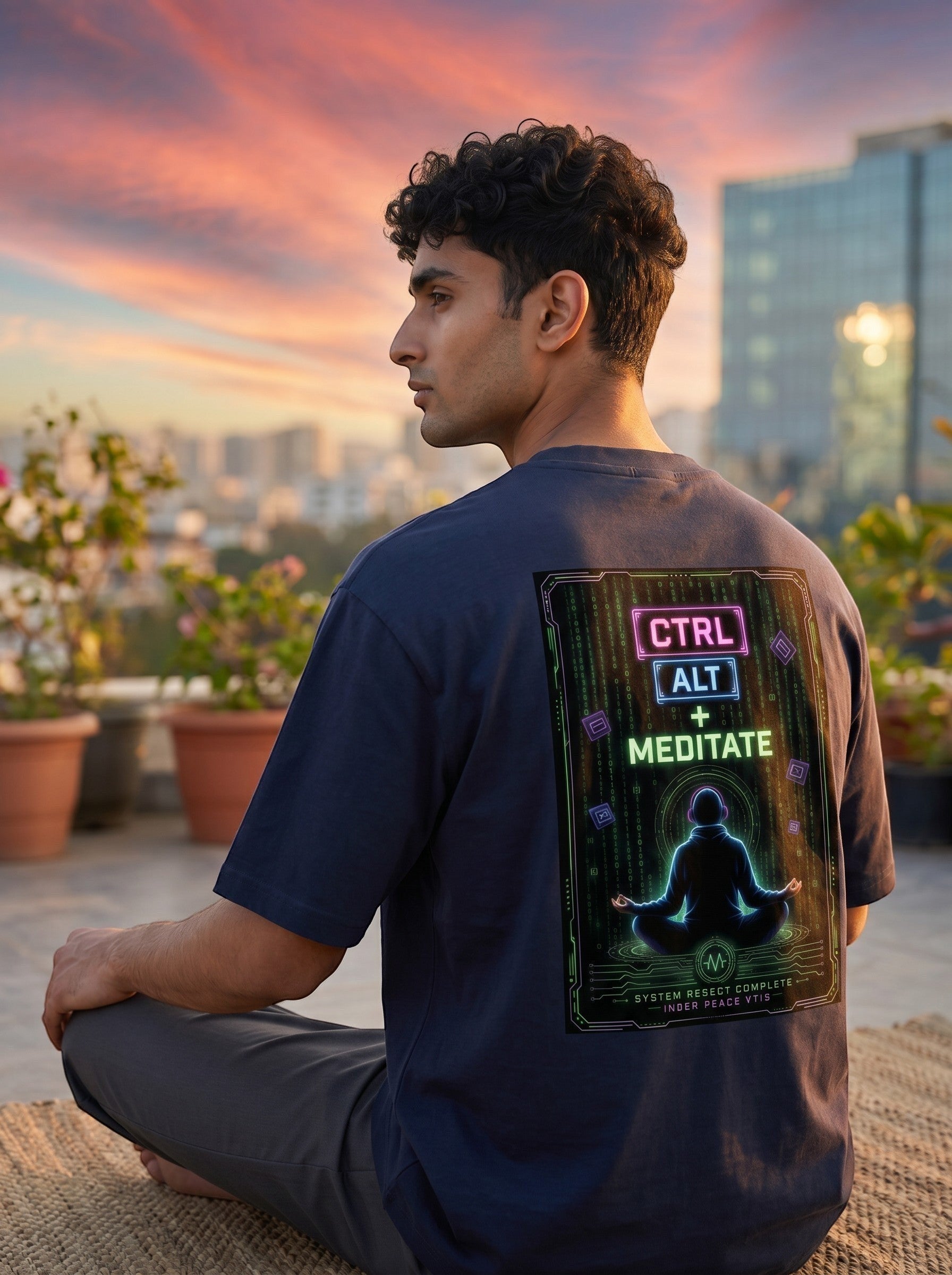 vcreate4uhub.co.in navy blue oversized cotton t-shirt with "CTRL ALT + MEDITATE" graphic print on back.