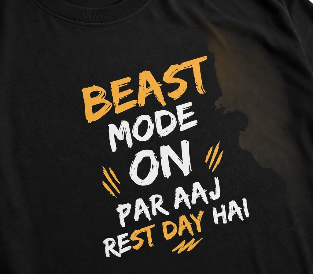 vcreate4uhub.co.in black unisex t-shirt with "BEAST MODE ON PAR AAJ REST DAY HAI" graphic print in yellow and white.