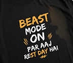 vcreate4uhub.co.in black unisex t-shirt with "BEAST MODE ON PAR AAJ REST DAY HAI" graphic print in yellow and white.