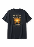 vcreate4uhub.co.in black t-shirt with sunrise graphic and meditation silhouette. "My Therapy Has No Subscription Just A Yoga Mat Sunrise" text.