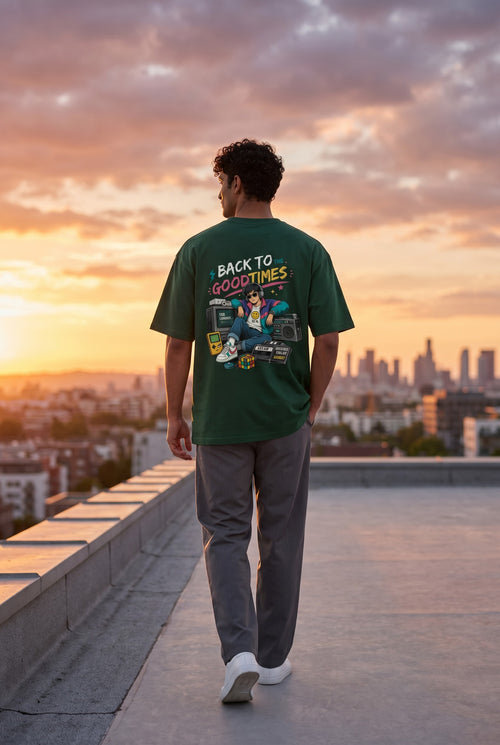 vcreate4uhub.co.in unisex oversized t-shirt in dark green with a 90s anime-style graphic on the back.