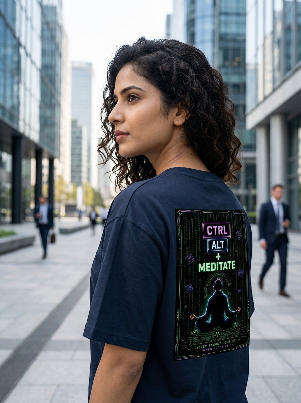 vcreate4uhub.co.in navy blue oversized cotton t-shirt with "CTRL ALT + MEDITATE" graphic print on back.