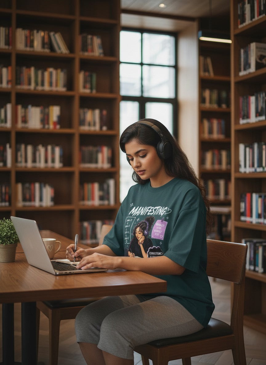 vcreate4uhub.co.in dark teal graphic t-shirt with "Manifesting Dream Believe Work Achieve" text and illustration of a woman with headphones.