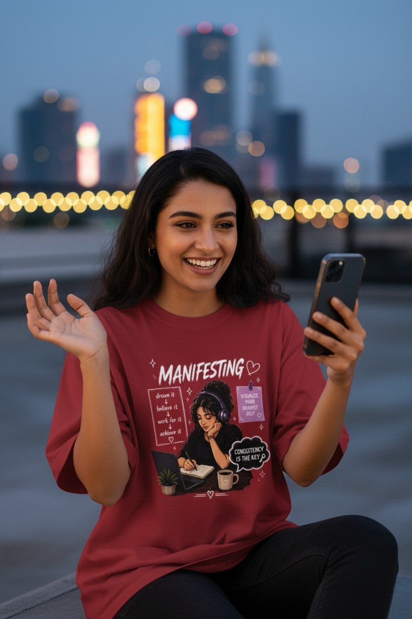 vcreate4uhub.co.in maroon graphic t-shirt with "Manifesting Dream Believe Work Achieve" design. Features a woman working at a desk with motivational text.