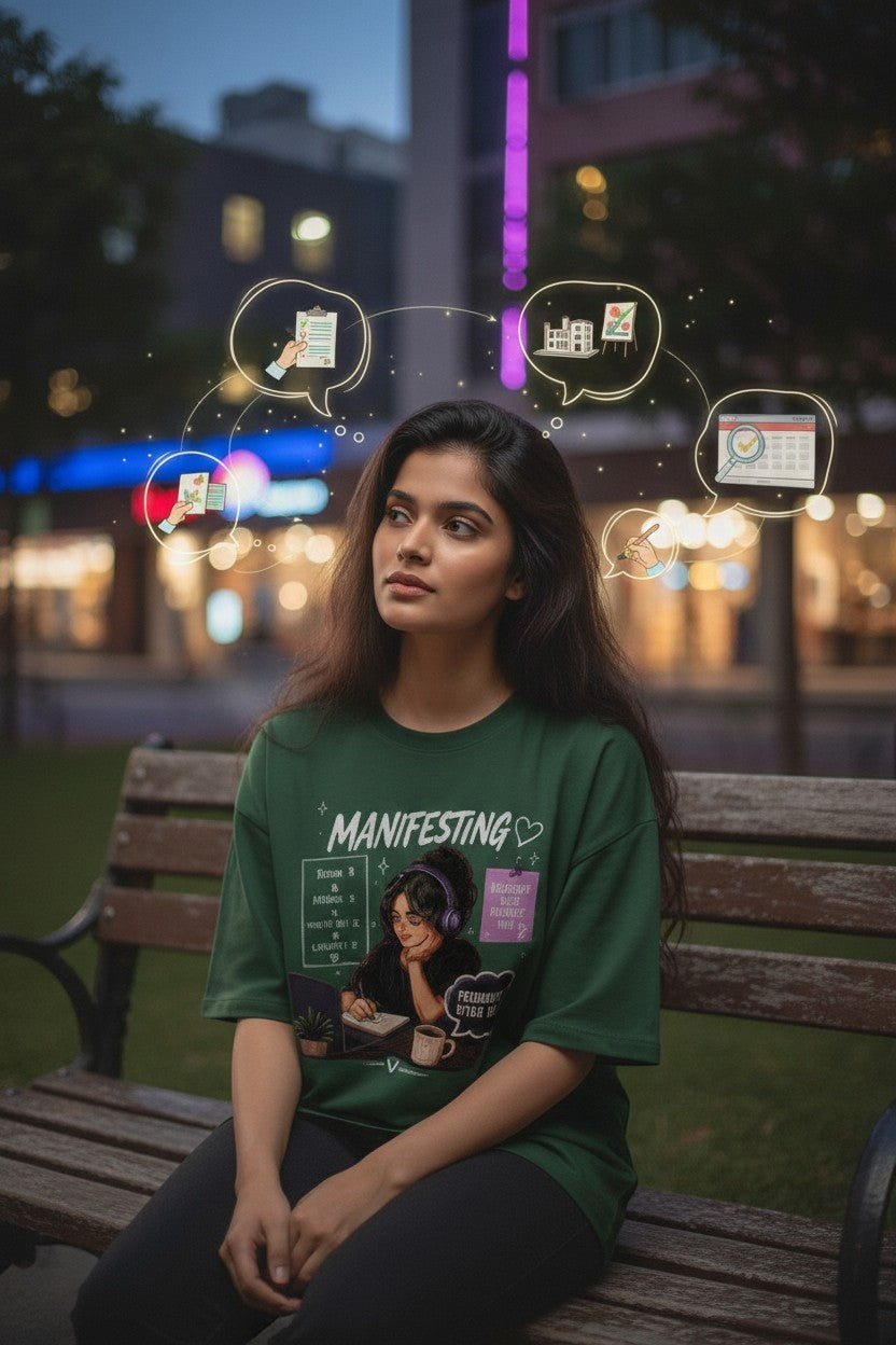 vcreate4uhub.co.in green graphic t-shirt with "Manifesting" text and illustration of woman working on laptop.