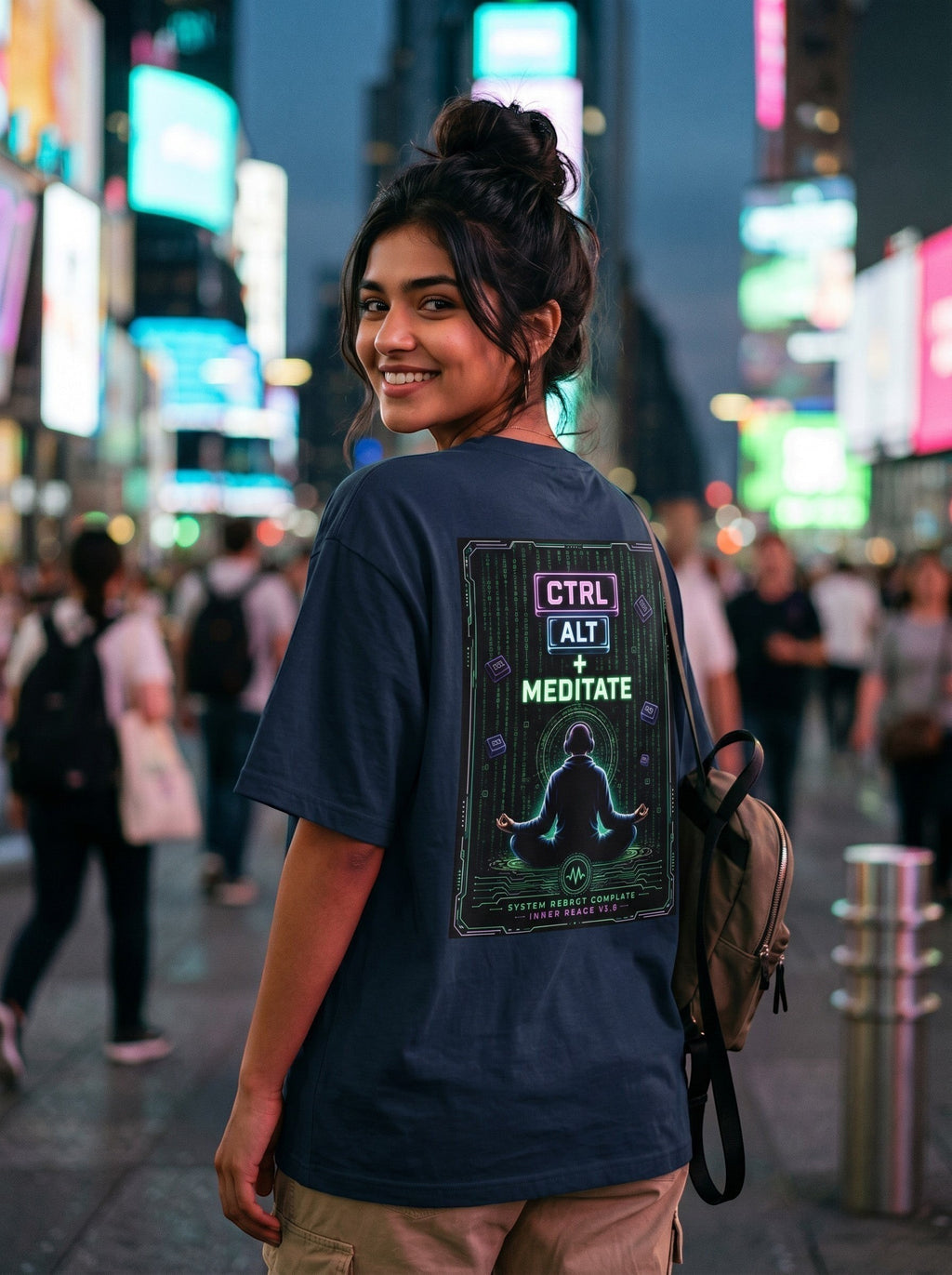 vcreate4uhub.co.in navy blue oversized cotton t-shirt with "CTRL ALT + MEDITATE" graphic print on back.