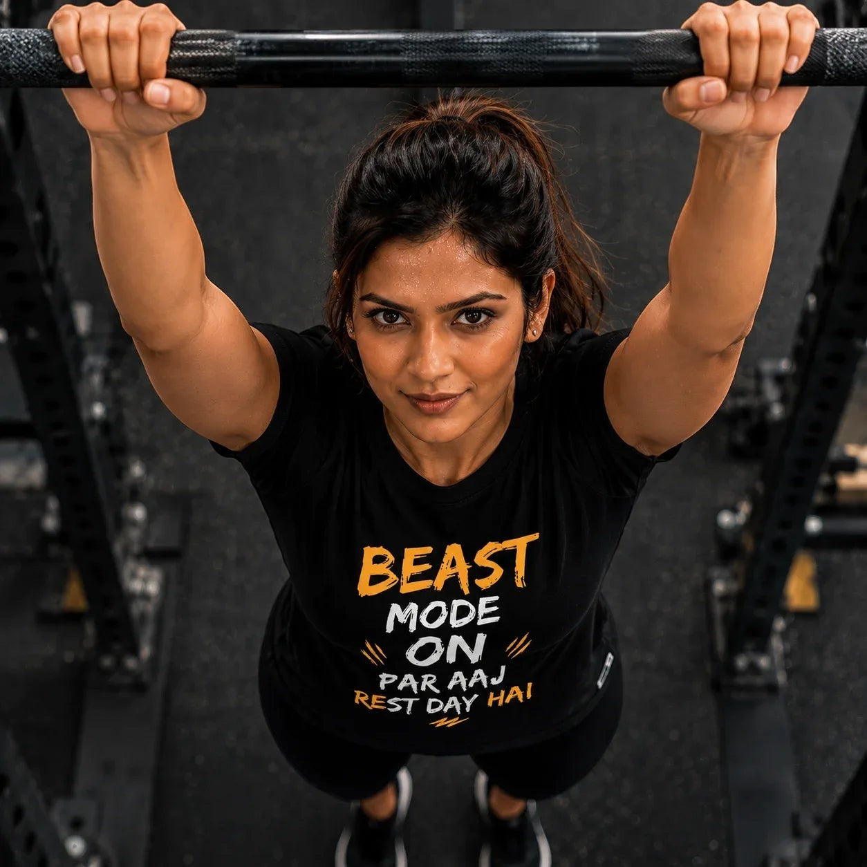 vcreate4uhub.co.in black cotton elastane t-shirt with "BEAST MODE ON PAR AAJ REST DAY HAI" graphic print