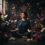vcreate4uhub.co.in dark blue t-shirt with graphic, woman meditating in a garden setting.