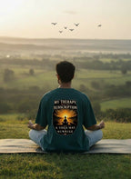 vcreate4uhub.co.in dark green t-shirt with "My Therapy Has No Subscription Just A Yoga Mat Sunrise" graphic on back