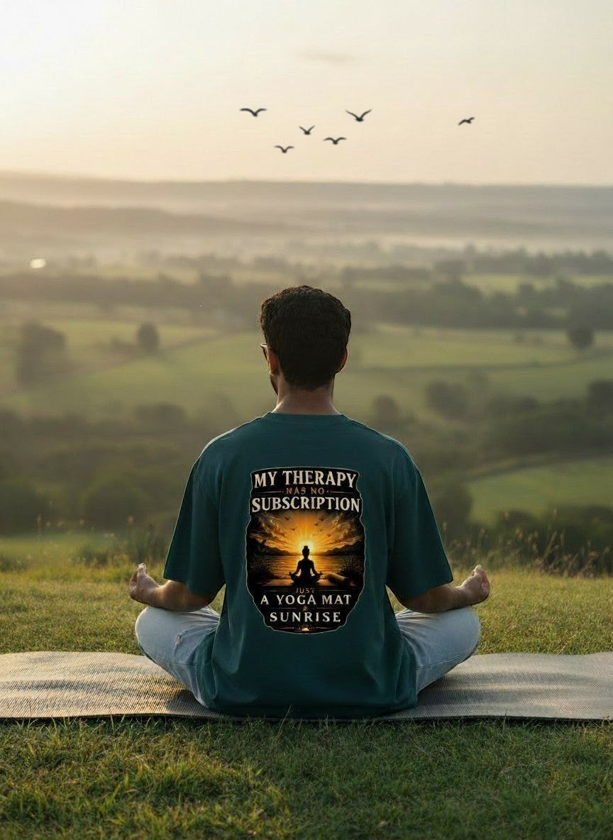 vcreate4uhub.co.in dark green t-shirt with "My Therapy Has No Subscription Just A Yoga Mat Sunrise" graphic on back