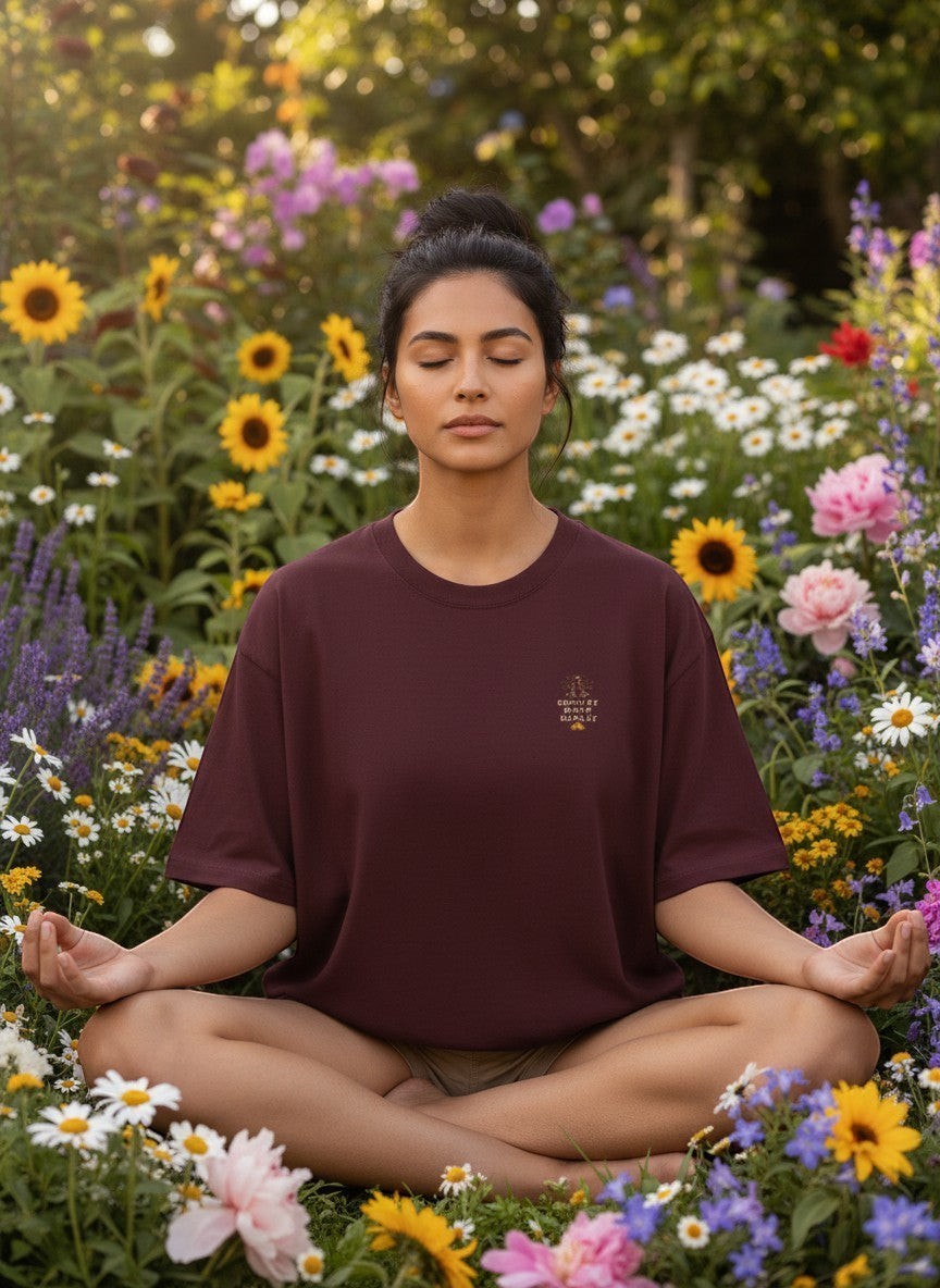 vcreate4uhub.co.in Unisex oversized classic t-shirt in deep maroon, 100% cotton with embroidered graphic on chest.