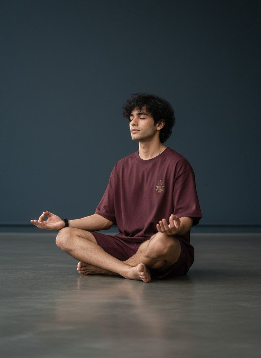 vcreate4uhub.co.in maroon t-shirt with "My Therapy Has No Subscription" graphic, worn by a man meditating.