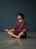 vcreate4uhub.co.in maroon t-shirt with "My Therapy Has No Subscription" graphic, worn by a man meditating.