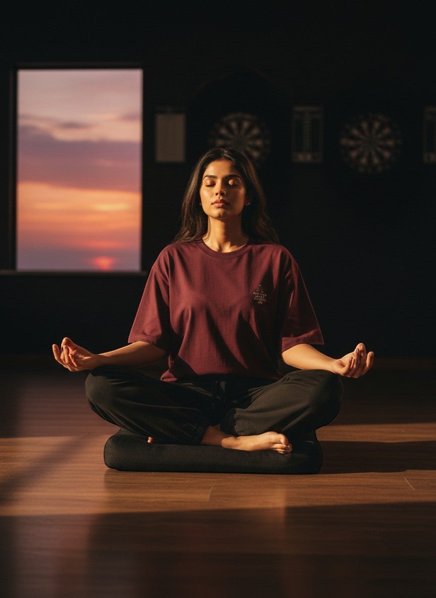 vcreate4uhub.co.in maroon t-shirt with "My Therapy Has No Subscription" graphic, worn by a woman meditating at sunrise.