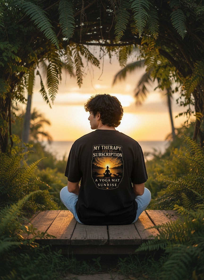 vcreate4uhub.co.in black t-shirt with "My Therapy Has No Subscription Just A Yoga Mat Sunrise" graphic on back. Model meditating at sunrise.