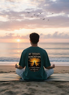 vcreate4uhub.co.in dark teal t-shirt with "My Therapy Has No Subscription Just A Yoga Mat & Sunrise" graphic on back.